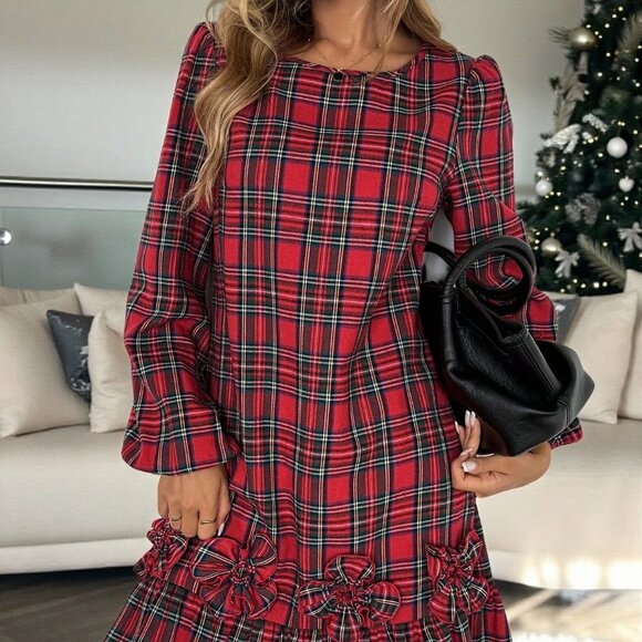 Red Elegant Women's Christmas Lantern Sleeve Mini Dress - Picture 4 of 6